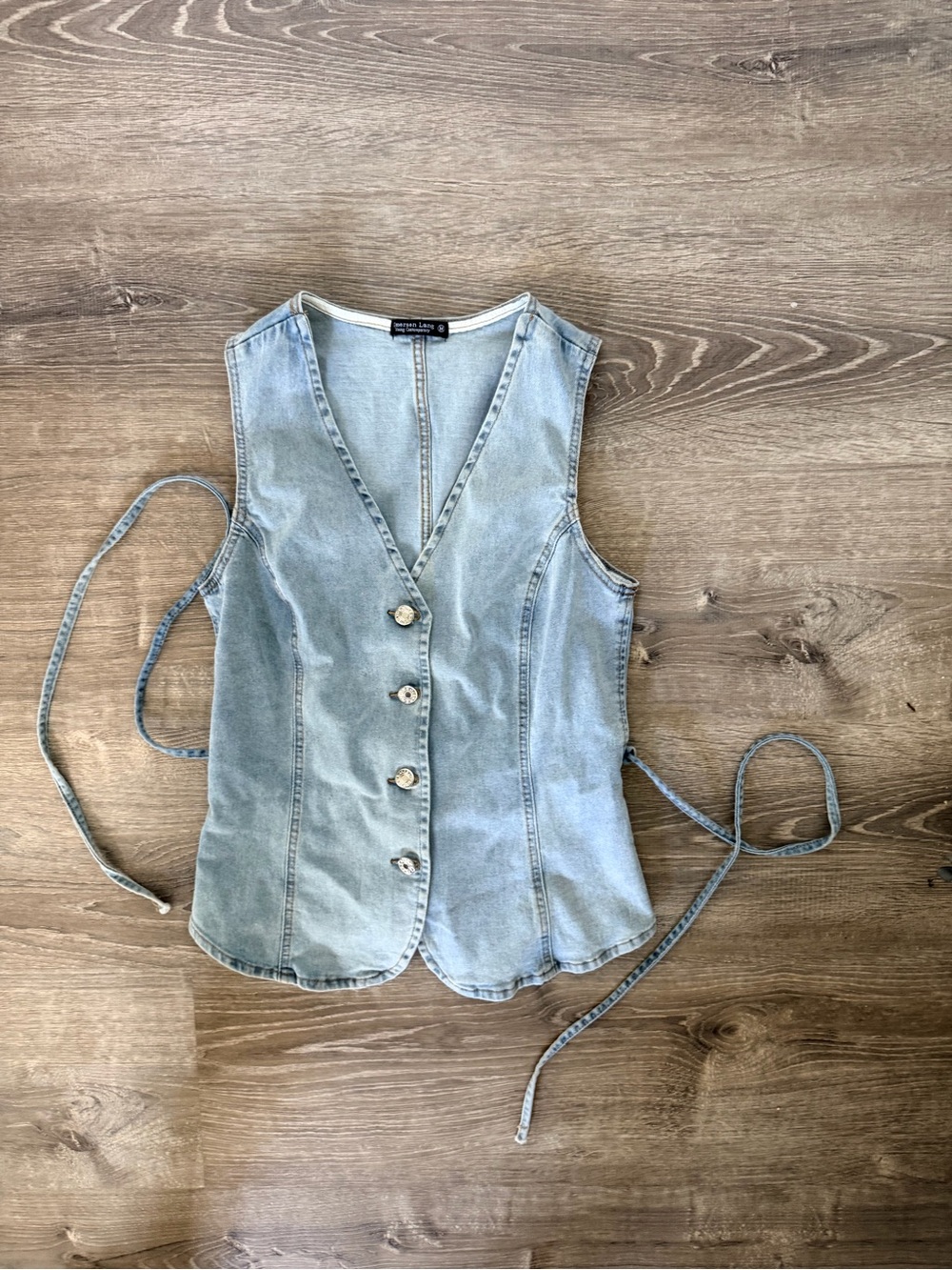 Sleeveless Light Blue Denim Button Vest with Side Tie